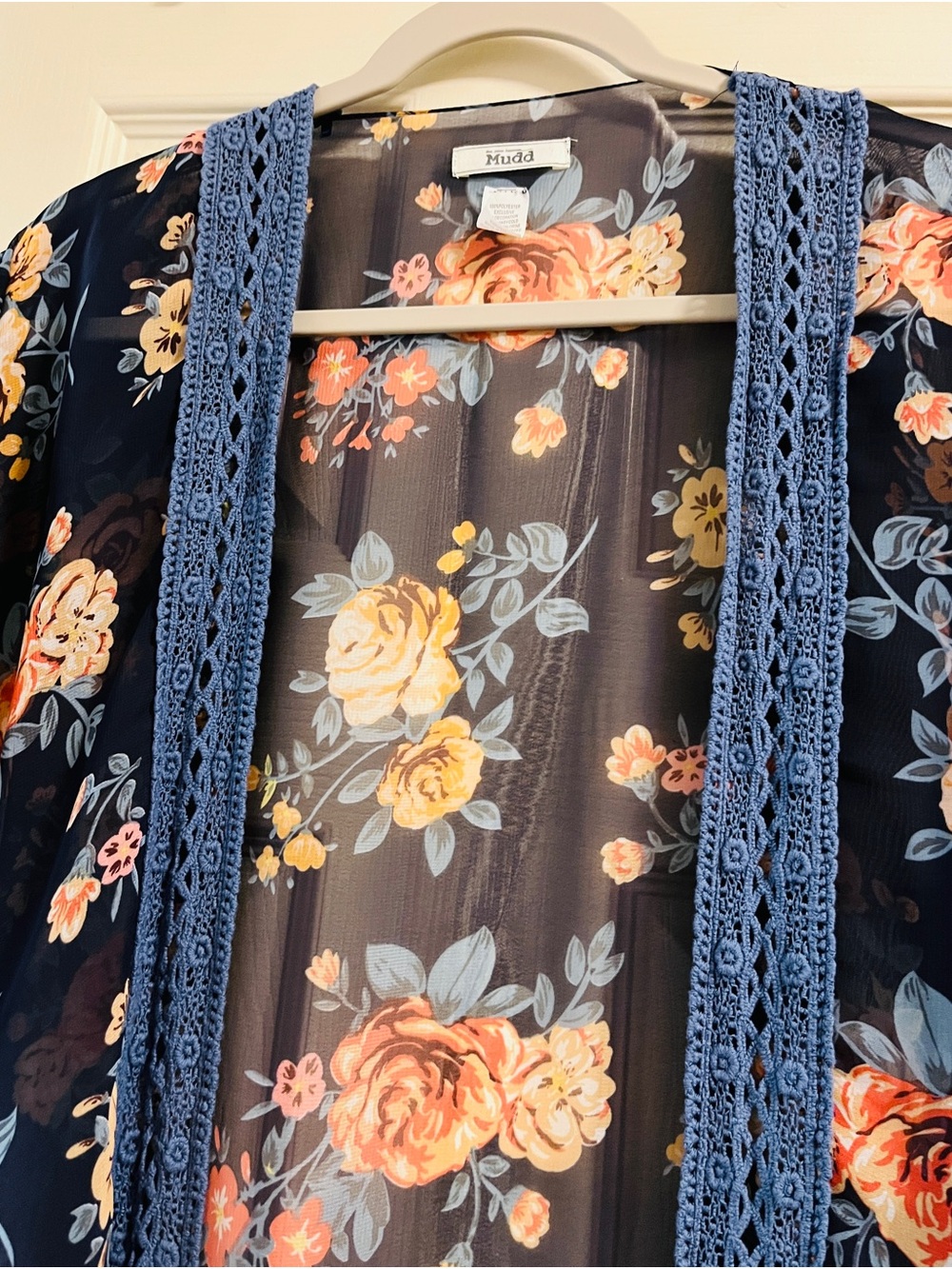 Mudd Navy Floral Crochet-Trim Sheer Kimono